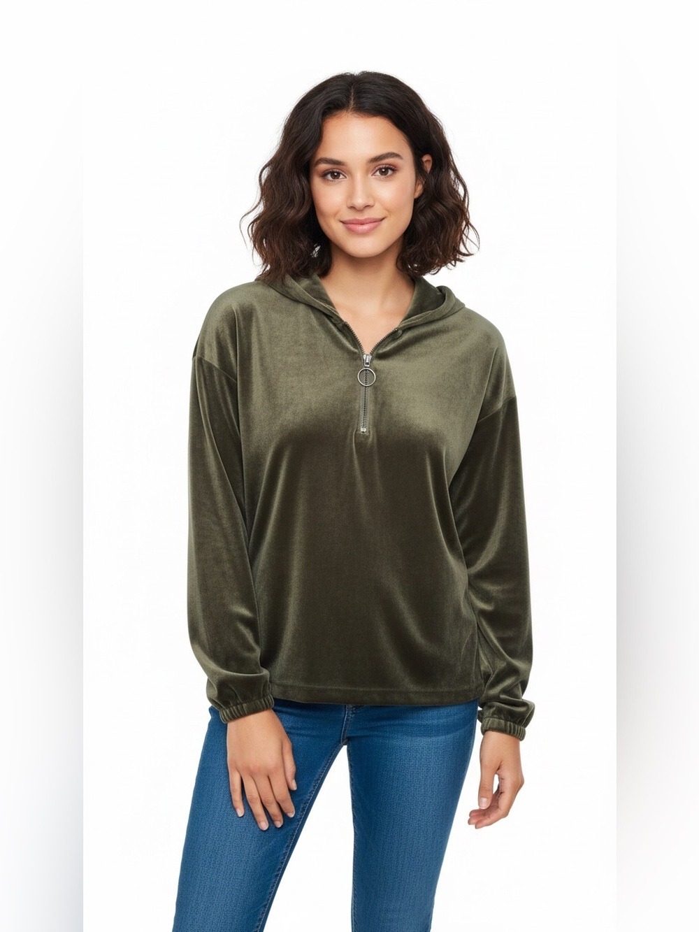 Paper Crane Olive Velour Hooded Half Zip Jacket Small
